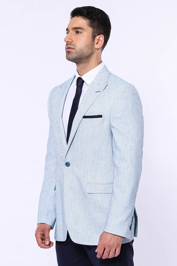 Patterned Slim-Fit Sky Blue Blazer - Wessi