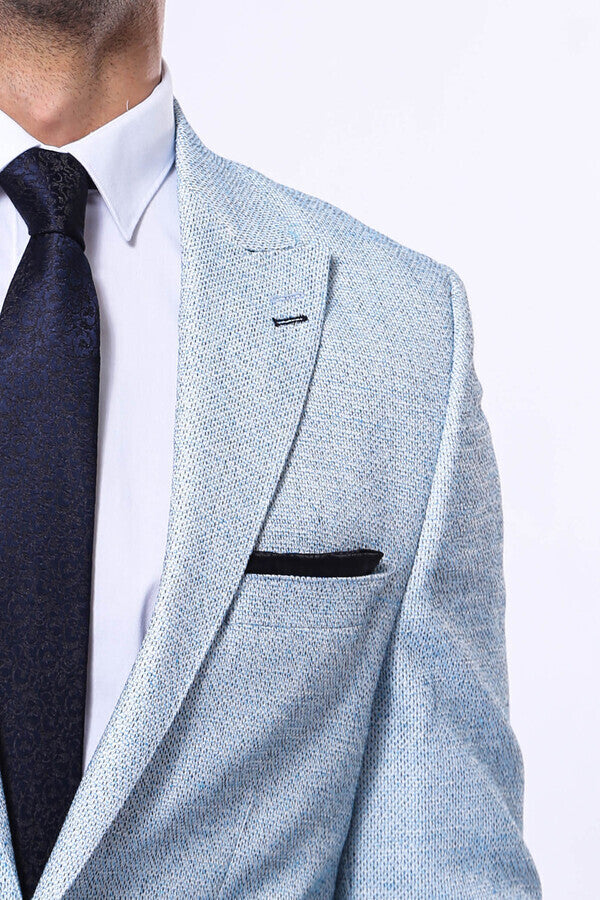 Patterned Slim-Fit Sky Blue Blazer - Wessi