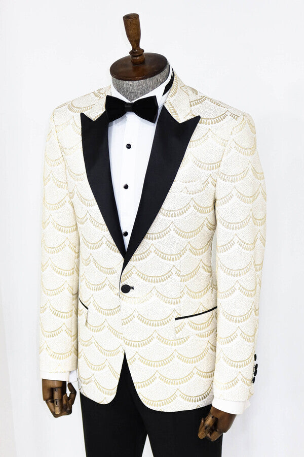 Patterned Slim Fit White Men Prom Blazer - Wessi