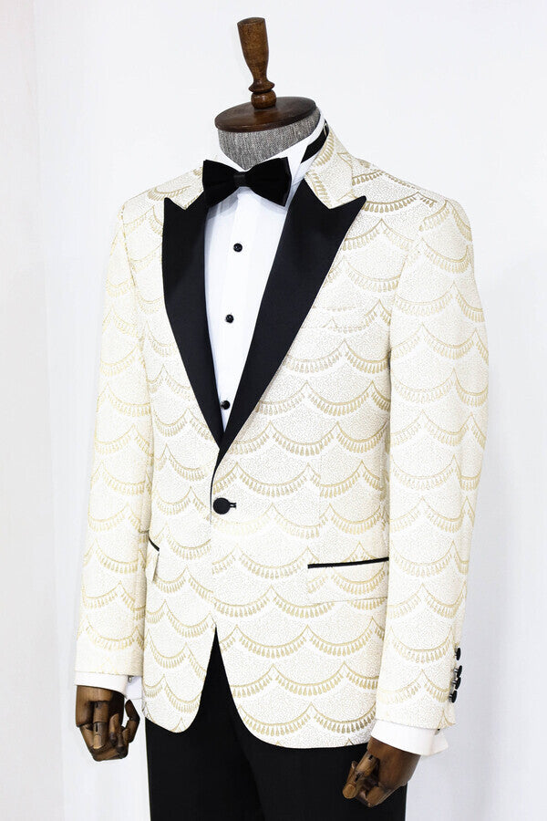 Patterned Slim Fit White Men Prom Blazer - Wessi