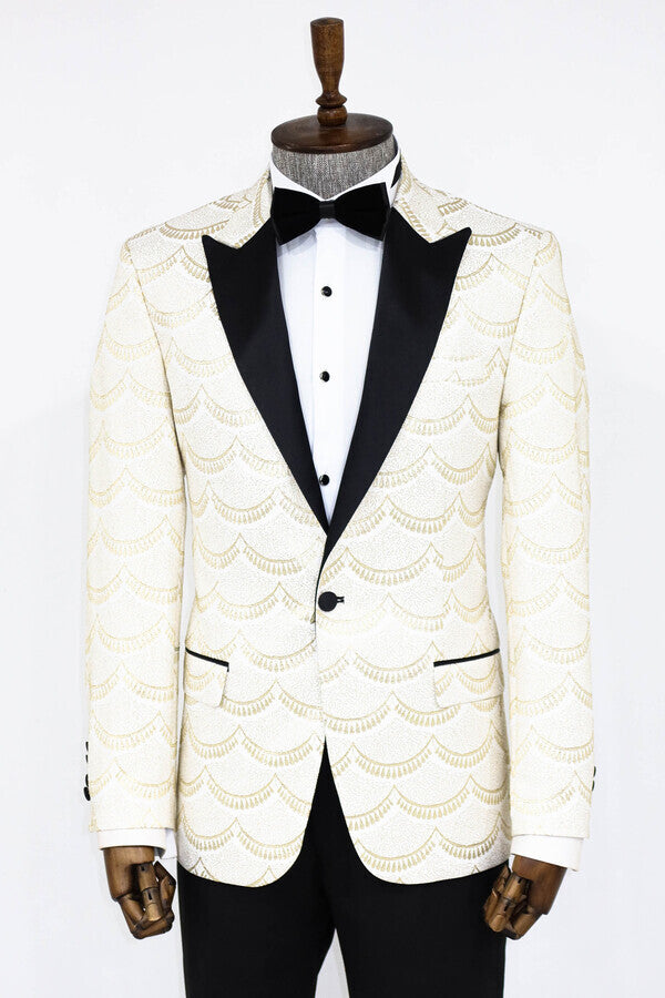 Patterned Slim Fit White Men Prom Blazer - Wessi