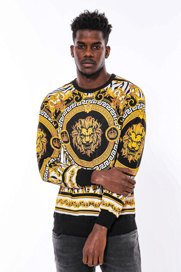 Patterned Slim Fit Yellow Black Men's Sweatshirt - Wessi