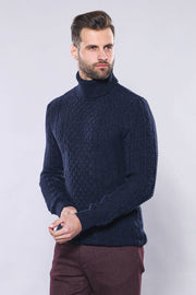 Patterned Turtleneck Navy Knitwear - Wessi