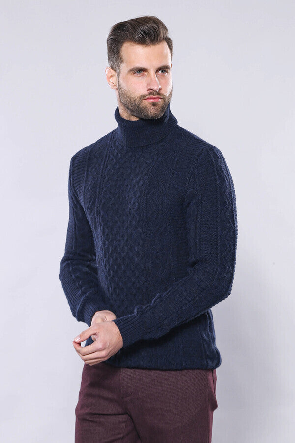 Patterned Turtleneck Navy Knitwear - Wessi