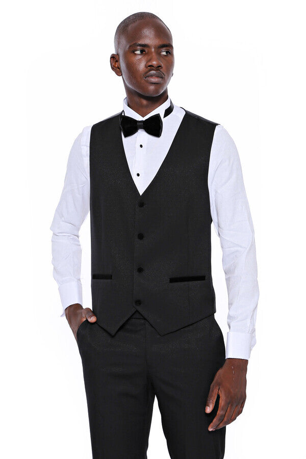 Patterned Velvet Lapel Black Men Tuxedo - Wessi