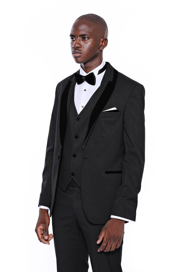 Patterned Velvet Lapel Black Men Tuxedo - Wessi