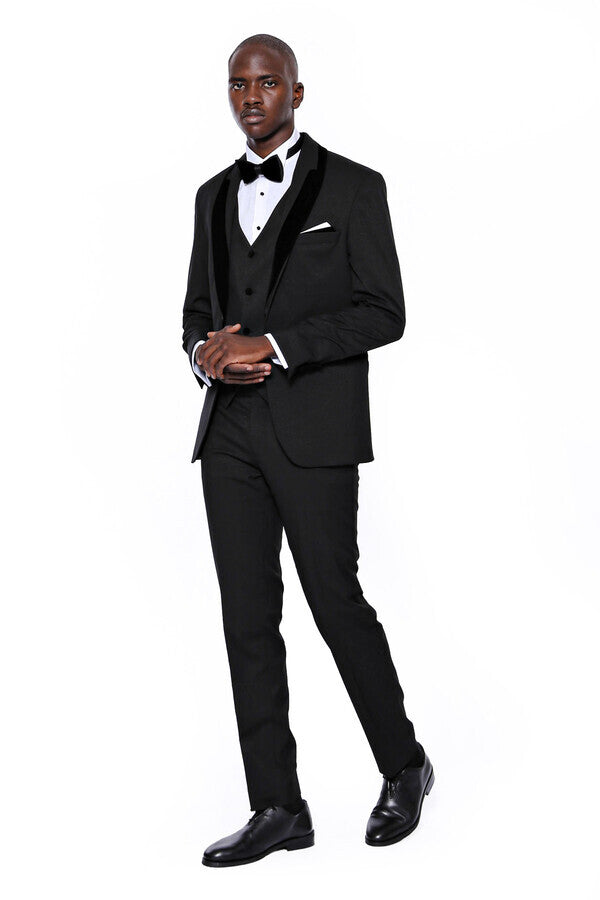 Patterned Velvet Lapel Black Men Tuxedo - Wessi