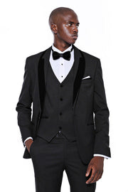 Patterned Velvet Lapel Black Men Tuxedo - Wessi