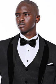 Patterned Velvet Lapel Black Men Tuxedo - Wessi