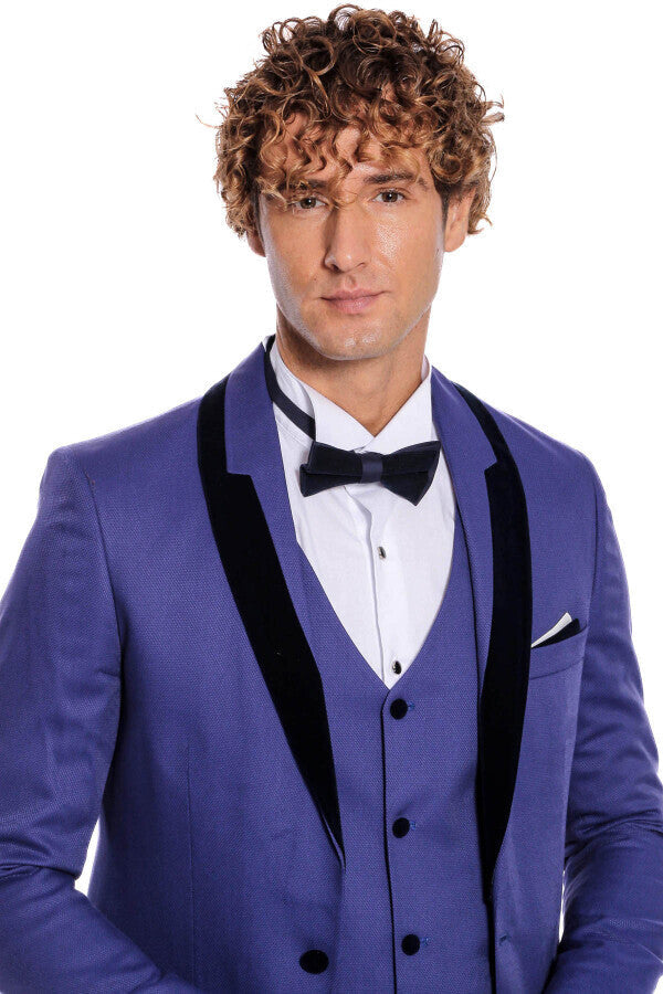 Patterned Velvet Lapel Blue Men Tuxedo - Wessi