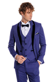 Patterned Velvet Lapel Blue Men Tuxedo - Wessi