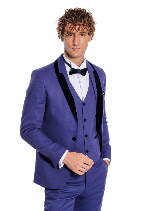 Patterned Velvet Lapel Blue Men Tuxedo - Wessi