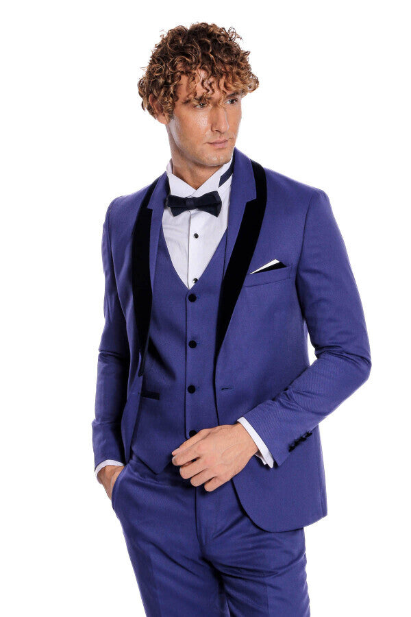 Patterned Velvet Lapel Blue Men Tuxedo - Wessi