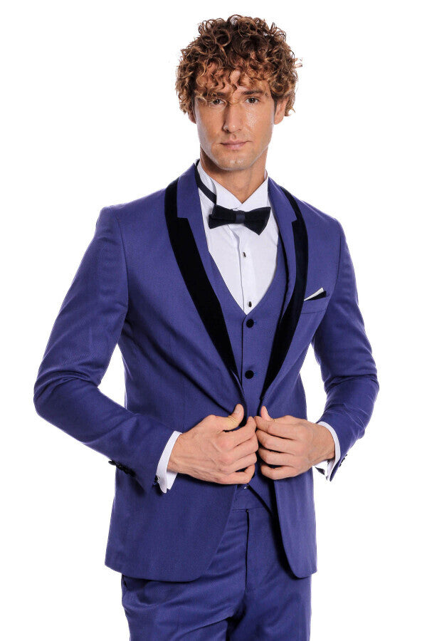 Patterned Velvet Lapel Blue Men Tuxedo - Wessi