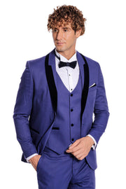 Patterned Velvet Lapel Blue Men Tuxedo - Wessi