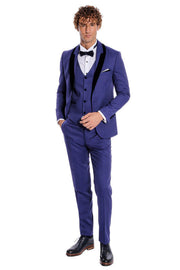 Patterned Velvet Lapel Blue Men Tuxedo - Wessi