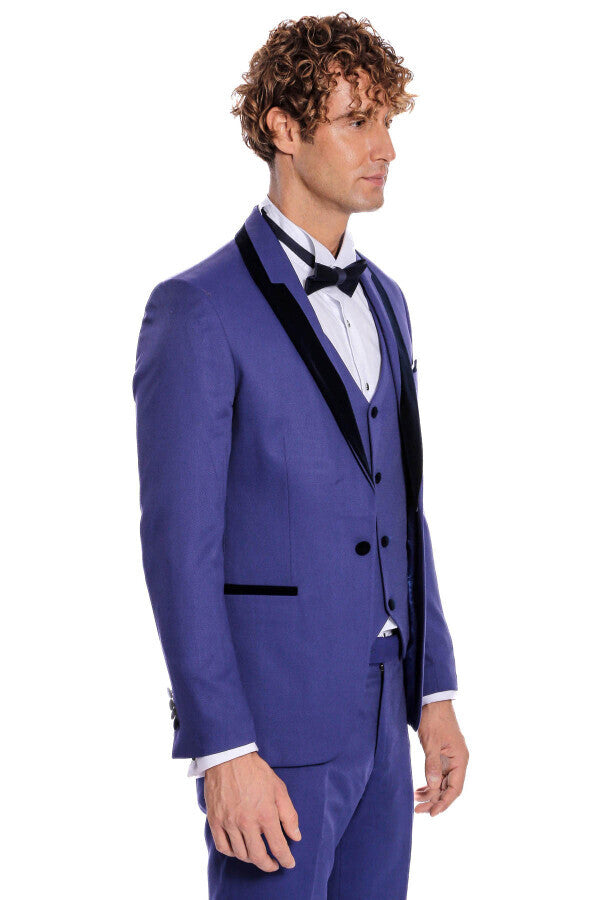 Patterned Velvet Lapel Blue Men Tuxedo - Wessi