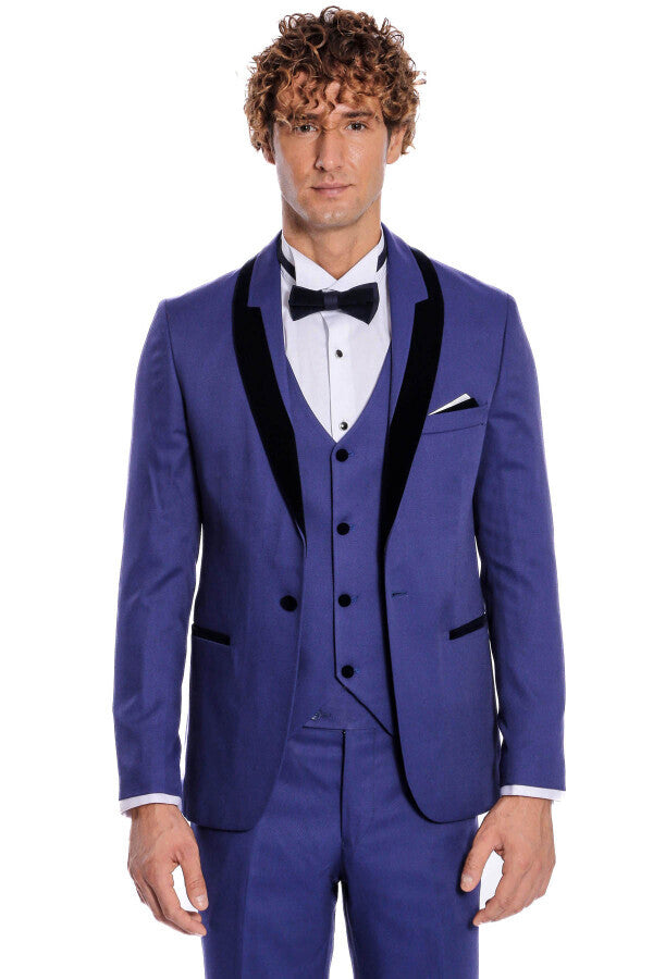 Patterned Velvet Lapel Blue Men Tuxedo - Wessi