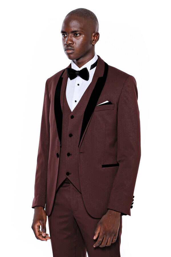 Patterned Velvet Lapel Burgundy Groom Suit - Wessi