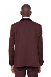 Patterned Velvet Lapel Burgundy Groom Suit - Wessi