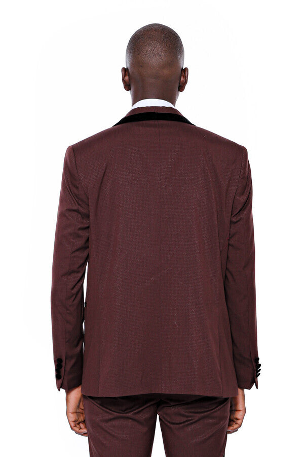 Patterned Velvet Lapel Burgundy Groom Suit - Wessi