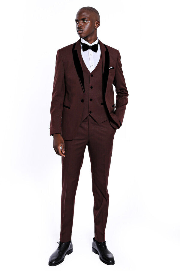 Patterned Velvet Lapel Burgundy Groom Suit - Wessi