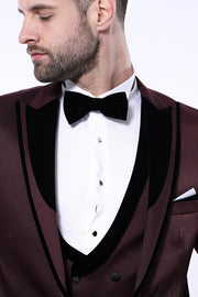 Patterned Velvet Lapel Burgundy Tuxedo | Wessi