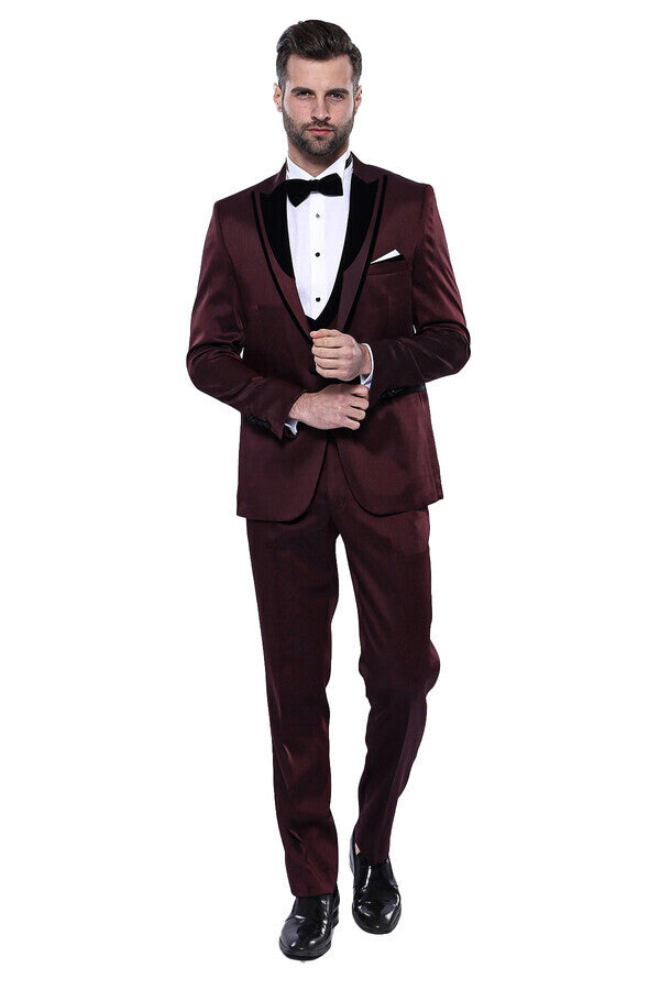 Patterned Velvet Lapel Burgundy Tuxedo | Wessi