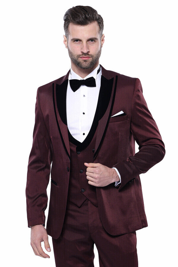 Patterned Velvet Lapel Burgundy Tuxedo | Wessi