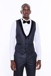 Patterned Velvet Lapel Navy Blue Men Tuxedo - Wessi