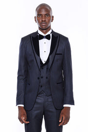 Patterned Velvet Lapel Navy Blue Men Tuxedo - Wessi