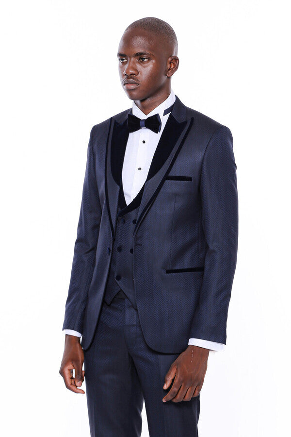 Patterned Velvet Lapel Navy Blue Men Tuxedo - Wessi