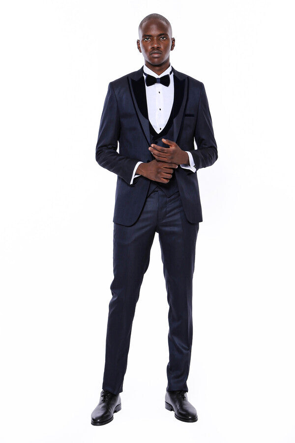 Patterned Velvet Lapel Navy Blue Men Tuxedo - Wessi