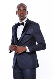 Patterned Velvet Lapel Navy Blue Men Tuxedo - Wessi