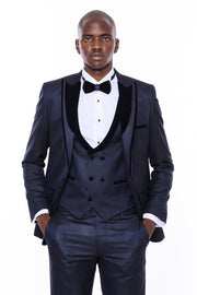 Patterned Velvet Lapel Navy Blue Men Tuxedo - Wessi