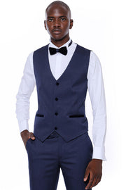 Patterned Velvet Lapel Navy Blue Tuxedo - Wessi