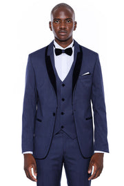 Patterned Velvet Lapel Navy Blue Tuxedo - Wessi