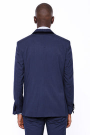 Patterned Velvet Lapel Navy Blue Tuxedo - Wessi