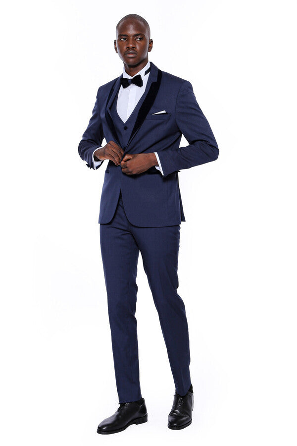 Patterned Velvet Lapel Navy Blue Tuxedo - Wessi