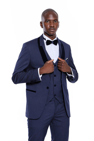 Patterned Velvet Lapel Navy Blue Tuxedo - Wessi