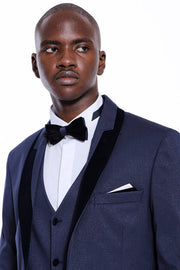 Patterned Velvet Lapel Navy Blue Tuxedo - Wessi