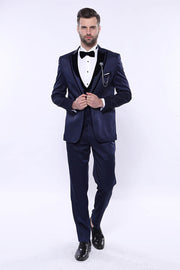 Patterned Velvet Lapel Navy Tuxedo | Wessi