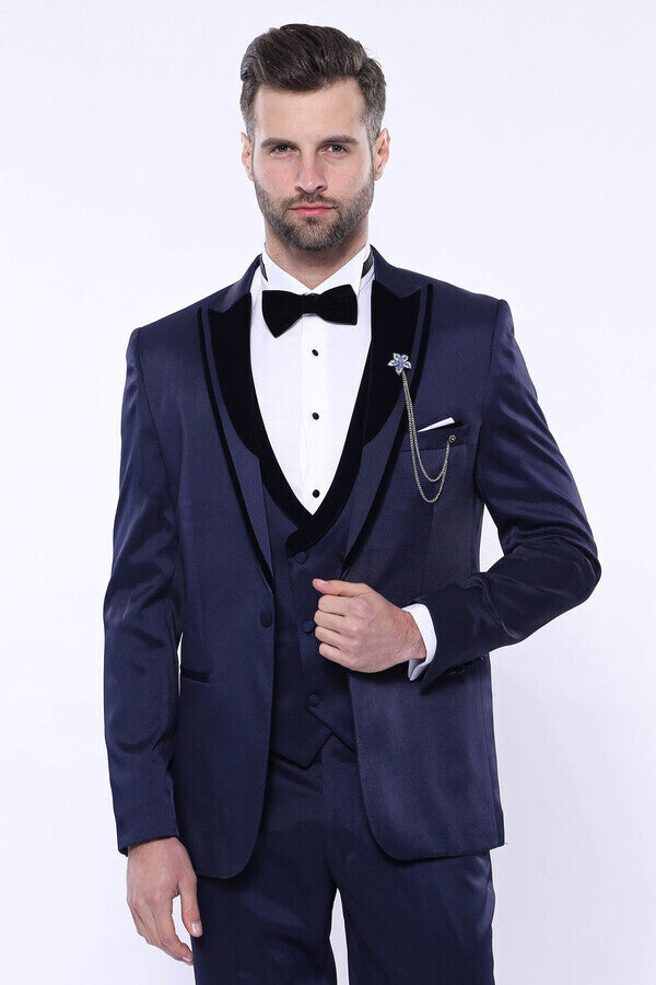 Patterned Velvet Lapel Navy Tuxedo | Wessi