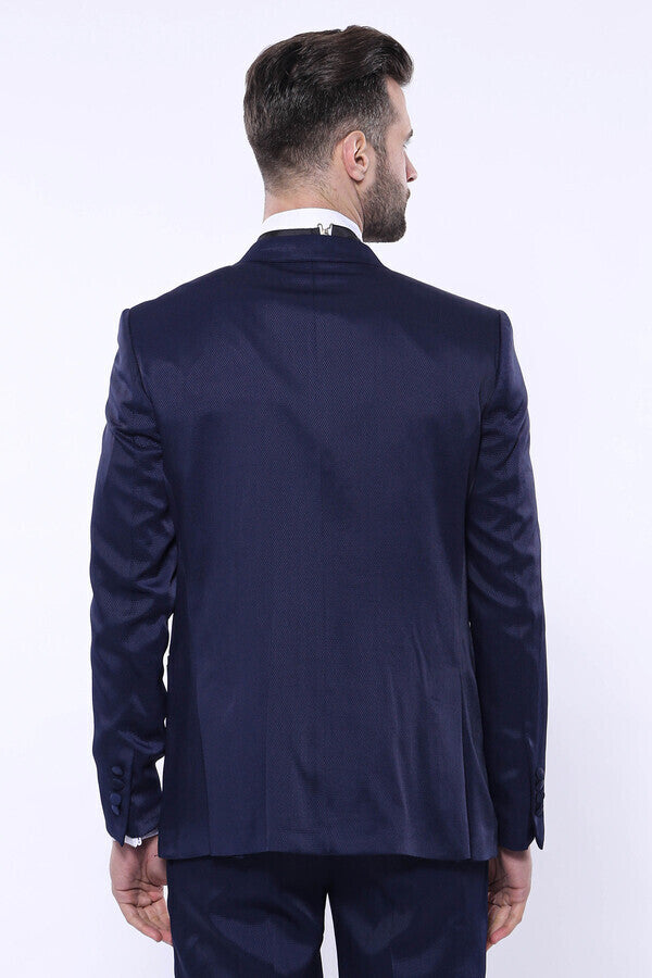 Patterned Velvet Lapel Navy Tuxedo | Wessi