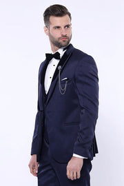 Patterned Velvet Lapel Navy Tuxedo | Wessi