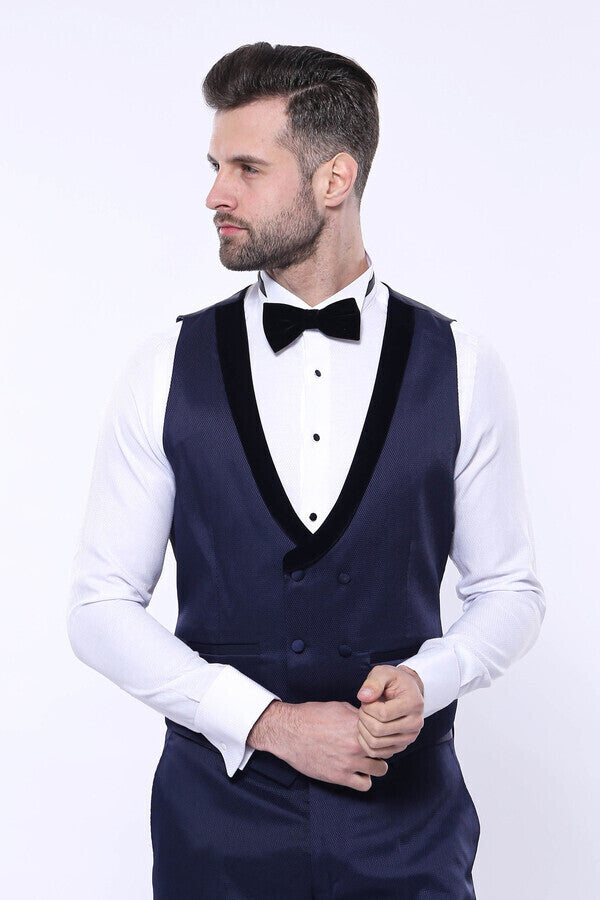 Patterned Velvet Lapel Navy Tuxedo | Wessi