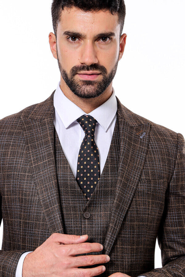 Patterned Vested Brown Slim-Fit Men’s Suit - Wessi