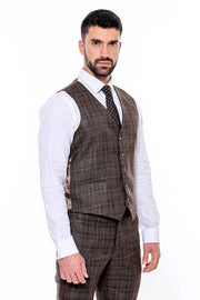 Patterned Vested Brown Slim-Fit Men’s Suit - Wessi