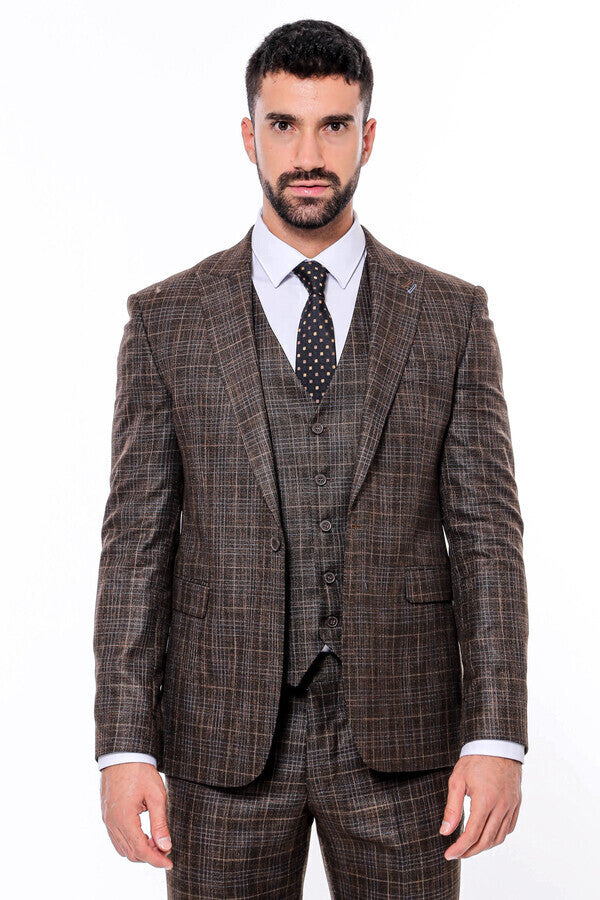 Patterned Vested Brown Slim-Fit Men’s Suit - Wessi