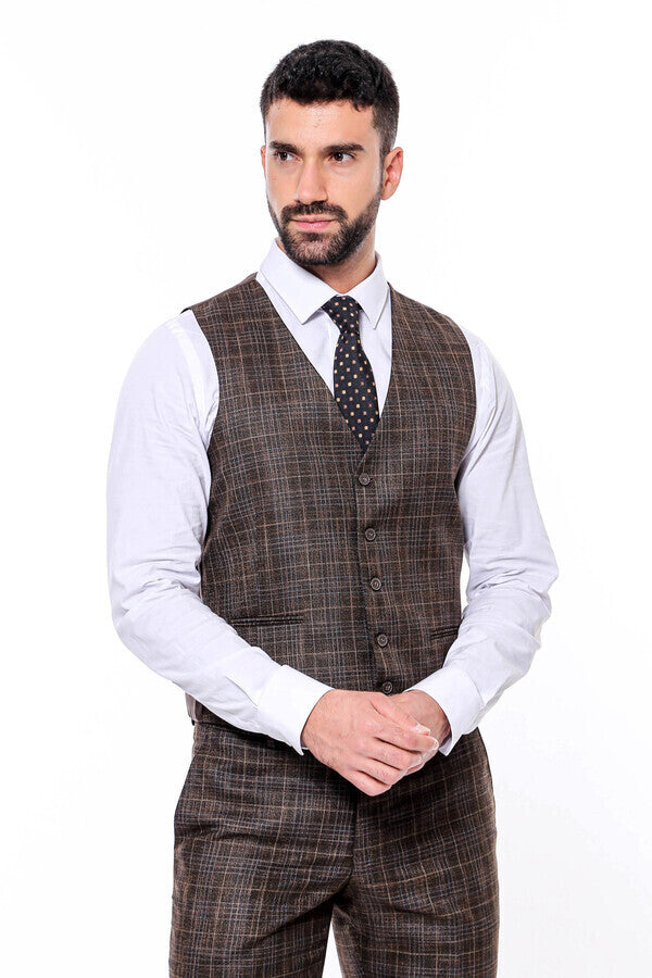 Patterned Vested Brown Slim-Fit Men’s Suit - Wessi